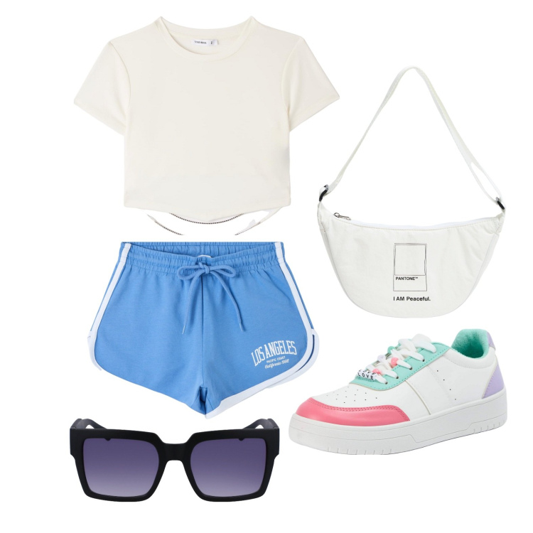 Outfit donna - Ghost outfitter - maggio. Stile Sporty chic per Tutti i giorni. Abbinamento con marsupi, shorts, sneakers, t-shirt, occhiali da sole.