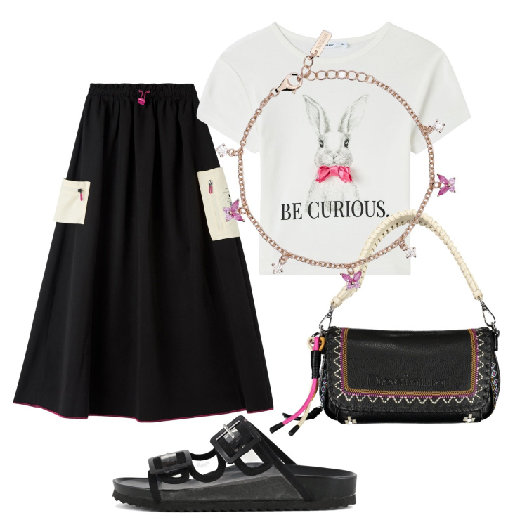 Outfit donna - Che ti metti. Stile Urban per Tutti i giorni. Abbinamento con braccialetti, gonne lunghe, t-shirt, sandali, borse a spalla.