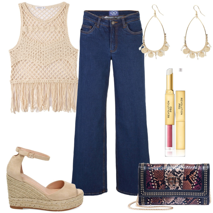 Outfit donna - Trendy per ogni occasione. Stile Trendy per Serata fuori. Abbinamento con jeans, rossetti, top, pochette, zeppe, orecchini.