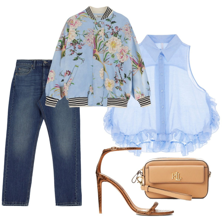 Outfit donna - Quando arriva la primavera. Stile Casual chic per Tutti i giorni. Abbinamento con jeans slim fit, camicie, blazer, pochette, sandali col tacco.