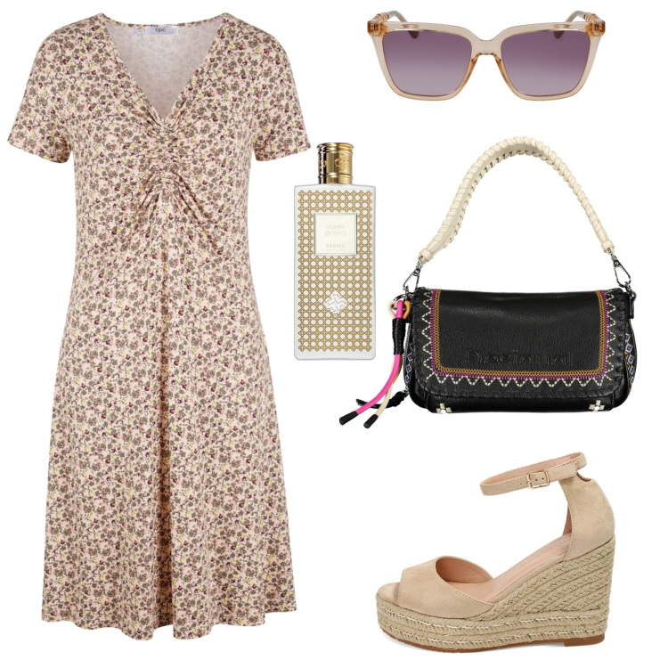 Outfit donna - Con la brezza di maggio. Stile Casual per Ufficio. Abbinamento con vestiti midi/longuette, profumi, zeppe, borse a spalla, occhiali da sole.