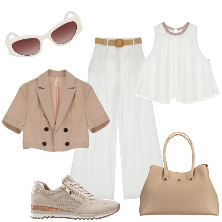 Outfit donna - Con il giacchino nuovo in città. Stile Casual chic per Tutti i giorni. Abbinamento con sneakers, pantaloni a palazzo, blazer, top, borse a spalla, occhiali da sole.