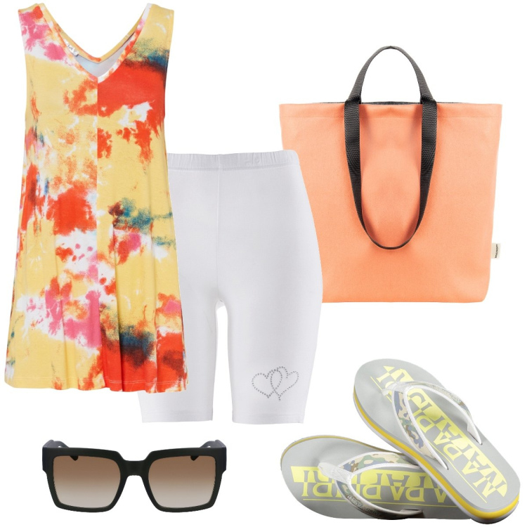 Outfit donna - Il top lungo. Stile Basic per Mare. Abbinamento con pantaloni corti, top, borse tote, infradito, occhiali da sole.