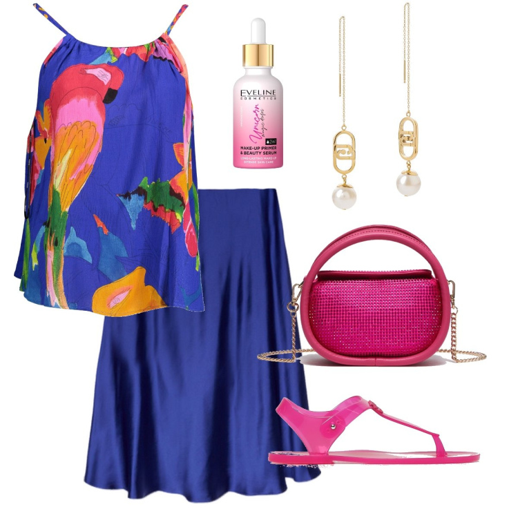 Outfit donna - Il completo blu elettrico. Stile Bon Ton per Serata fuori. Abbinamento con primer, gonne lunghe, canottiere, sandali, orecchini, borse a mano.