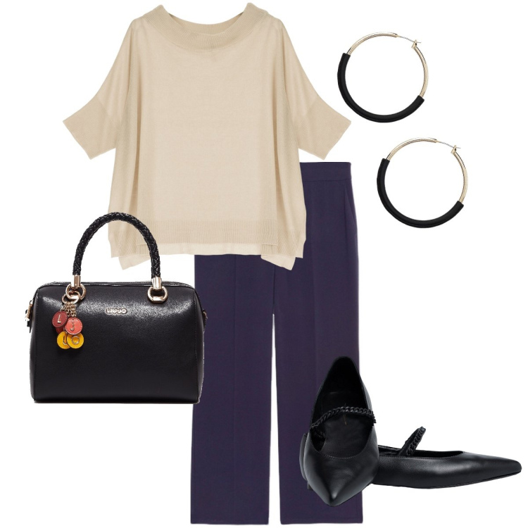 Outfit donna - Bon ton per la sera. Stile Bon Ton per Serata fuori. Abbinamento con maglieria, orecchini, ballerine, borse a mano, pantaloni.