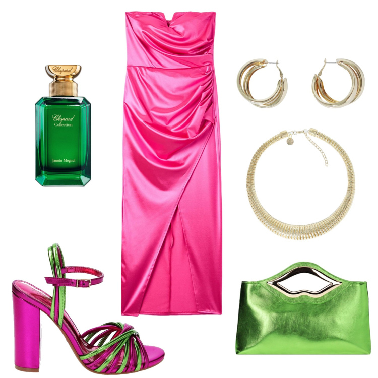 Outfit donna - Addio al nubilato “laminato”. Stile Sexy per Serata fuori. Abbinamento con profumi, vestiti lunghi, pochette, sandali col tacco, collane, orecchini.