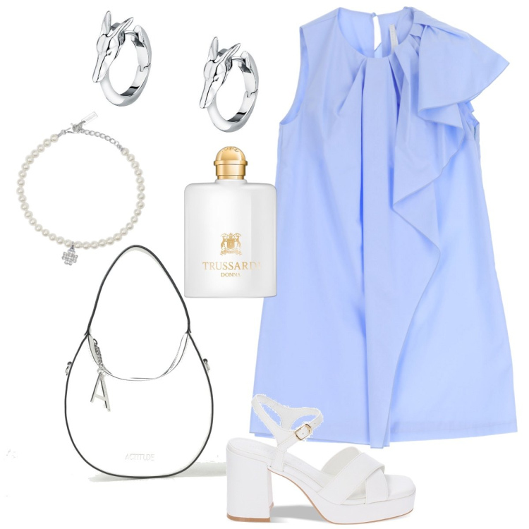 Outfit donna - In città. Stile Vintage retrò per Tutti i giorni. Abbinamento con orecchini, profumi, braccialetti con ciondoli, vestiti corti, sandali col tacco, borse a spalla.