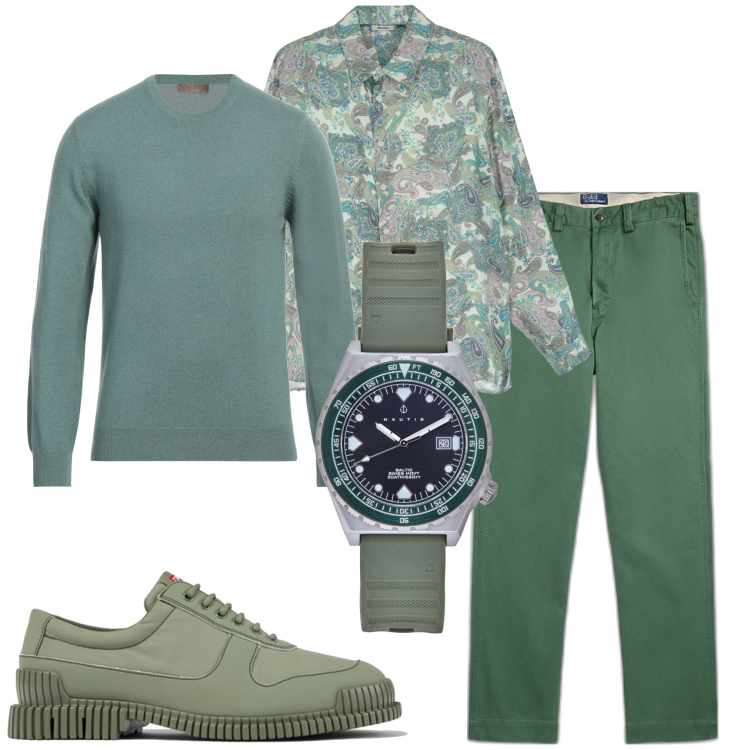 Outfit uomo - Giornata Green. Stile Casual per Tutti i giorni. Abbinamento con orologi, pullovers, pantaloni, camicie, scarpe stringate.