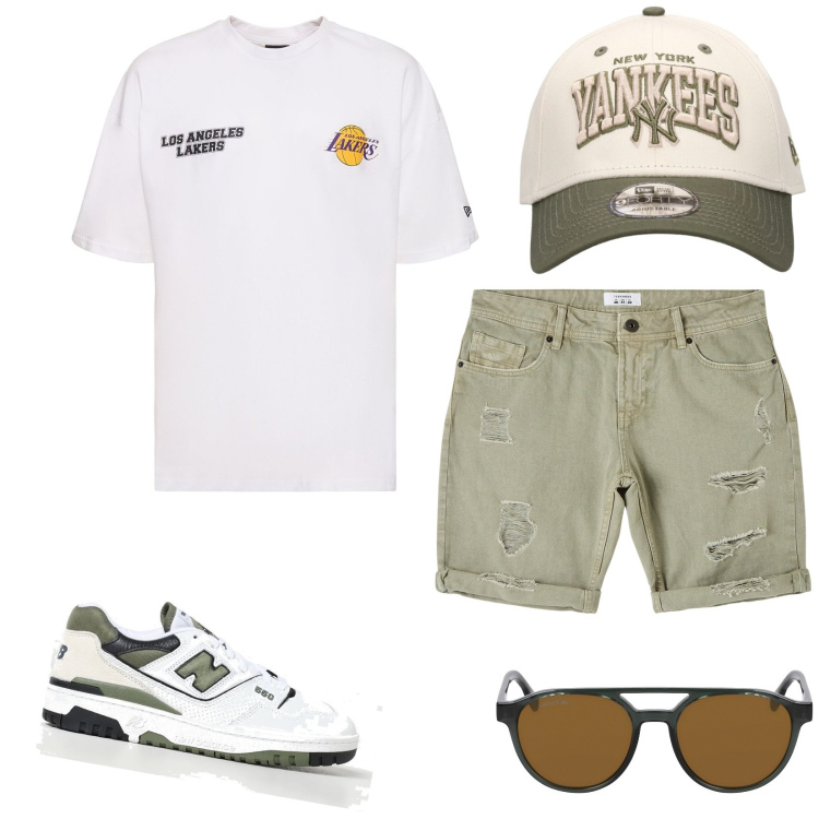 Outfit uomo - Giornata all\' aperto. Stile Casual per Tutti i giorni. Abbinamento con bermuda, t-shirt, cappelli, occhiali da sole, sneakers.