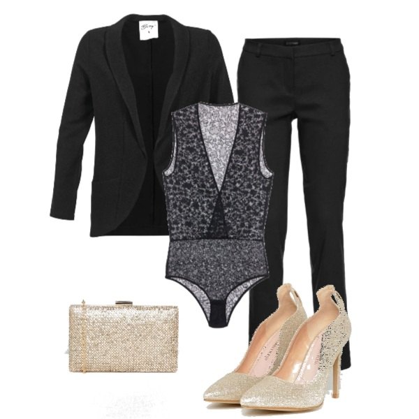Outfit donna - Femminilità. Stile Sexy per Cerimonia. Abbinamento con pantaloni, giacca nero, body con pizzo e scollo con bottoni nero, scarpe a rete con tacco alto a punta, pochette con paillettes oro.