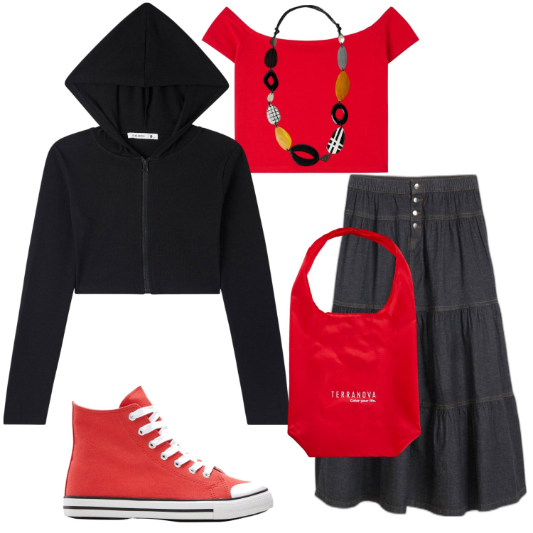 Outfit donna - In centro con le amiche. Stile Trendy per Tutti i giorni. Abbinamento con gonne, sneakers alte, cardigans, t-shirt, shopping bag, collane.