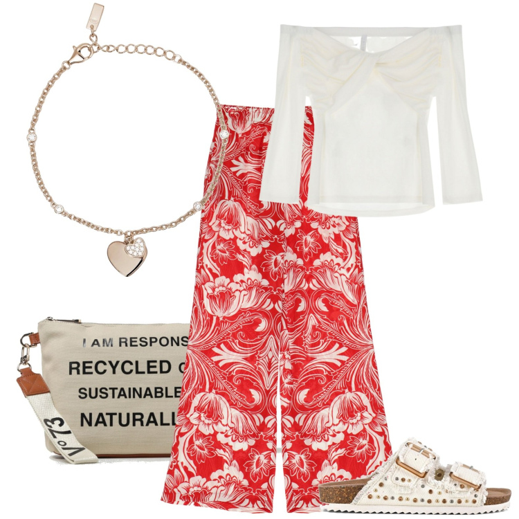 Outfit donna - Un pò di oriente. Stile Casual per Tutti i giorni. Abbinamento con braccialetti con ciondoli, t-shirt, pantaloni, sandali, valigie.