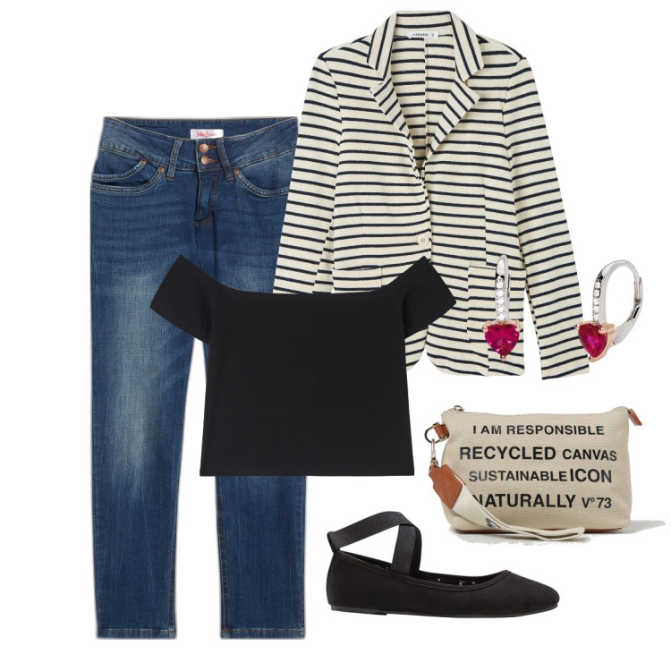 Outfit donna - Che carina !. Stile Basic per Tutti i giorni. Abbinamento con jeans mom, ballerine, blazer, t-shirt, orecchini, borse a tracolla.