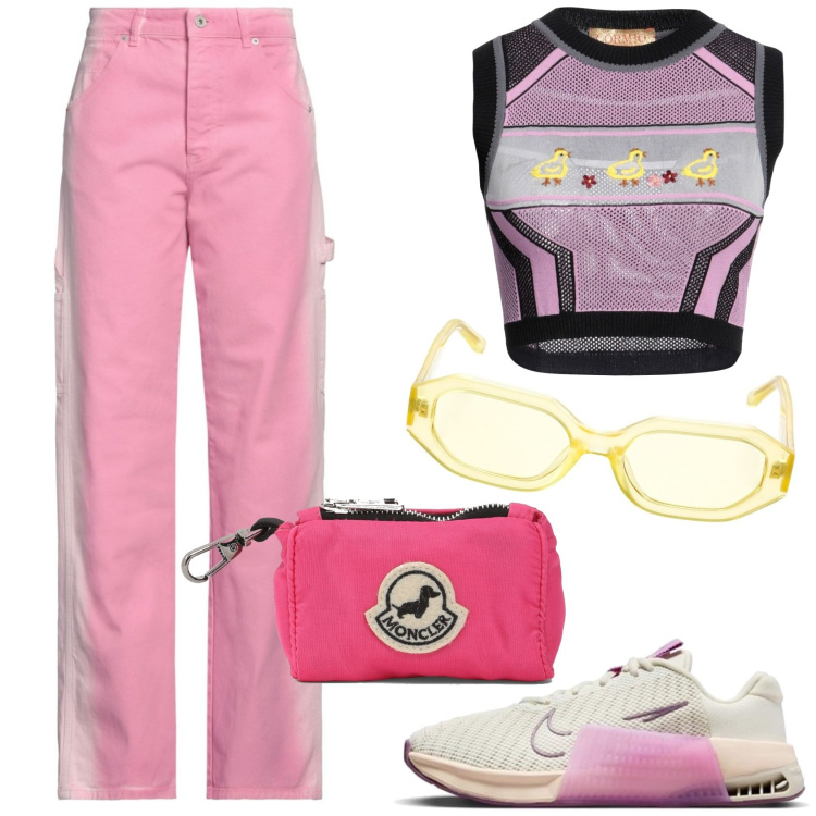 Outfit femme - Festival. Style Urban pour Soirée dehors. Assortir avec jean coupe droite, sneakers, hauts, pochette, lunettes de soleil.