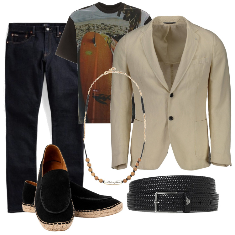 Outfit uomo - Total look #188244. Stile Casual per Mare. Abbinamento con collane, jeans, giacche, t-shirt, espadrillas, cinture.
