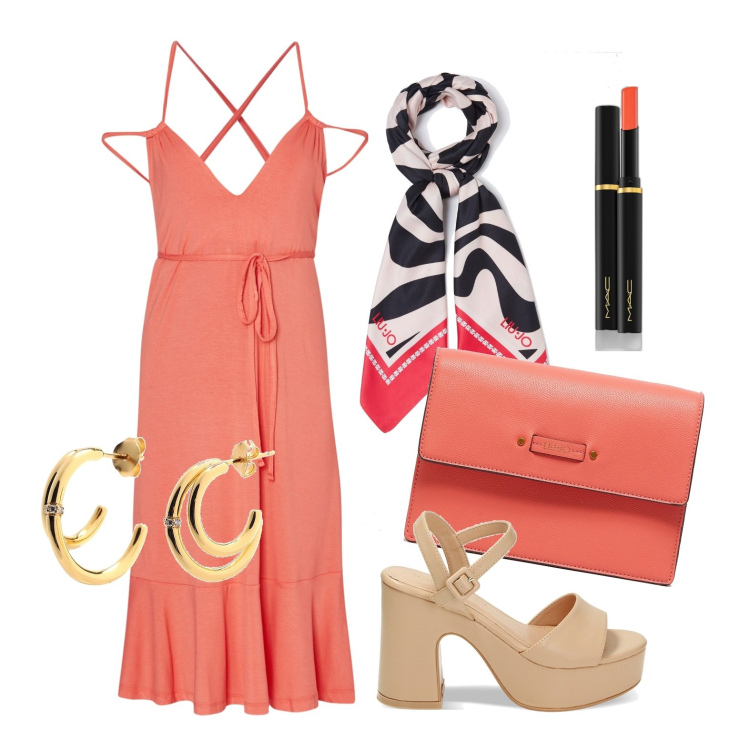 Outfit donna - Ghost outfitter - maggio. Stile Glamour per Tutti i giorni. Abbinamento con orecchini, rossetti, sandali col tacco, vestiti corti, foulard, borse a tracolla.