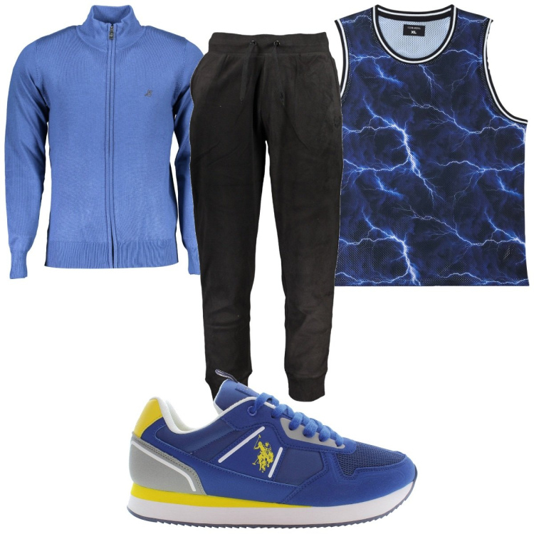 Outfit uomo - Total look #1882463. Stile Trendy per Sport. Abbinamento con canottiere, scarpe sportive, cardigans, pantaloni.