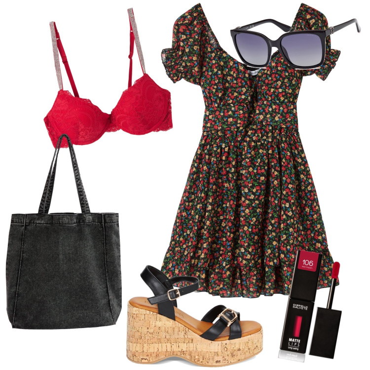 Outfit donna - Passeggiata in borgo marino. Stile Preppy per Mare. Abbinamento con rossetti, vestiti, reggiseni a balconcino, shopping bag, zeppe, occhiali da sole.