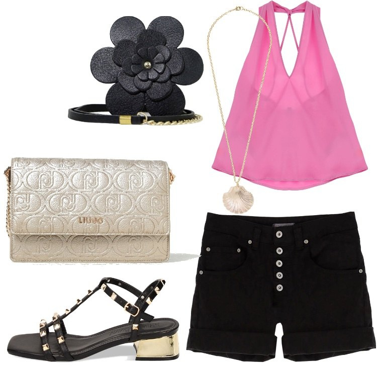 Outfit donna - Please - Sea escape. Stile Trendy per Serata fuori. Abbinamento con shorts, top, sandali col tacco, cinture, collane, borse a tracolla.