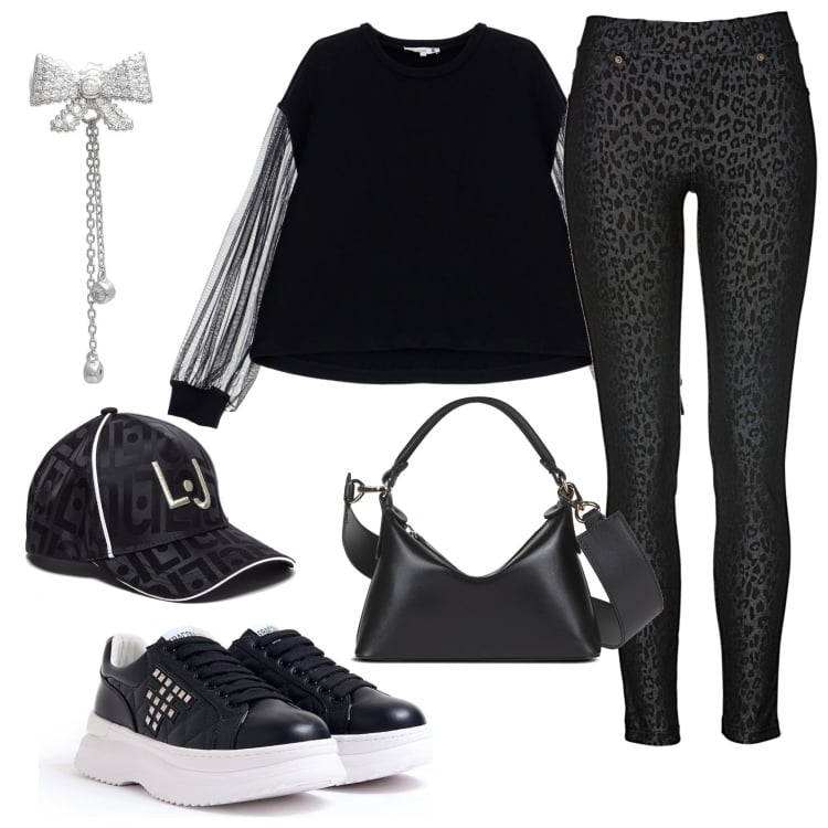 Outfit donna - Total Black. Stile Trendy per Tutti i giorni. Abbinamento con jeggings, orecchini, sneakers, felpe, borse a mano, cappelli.