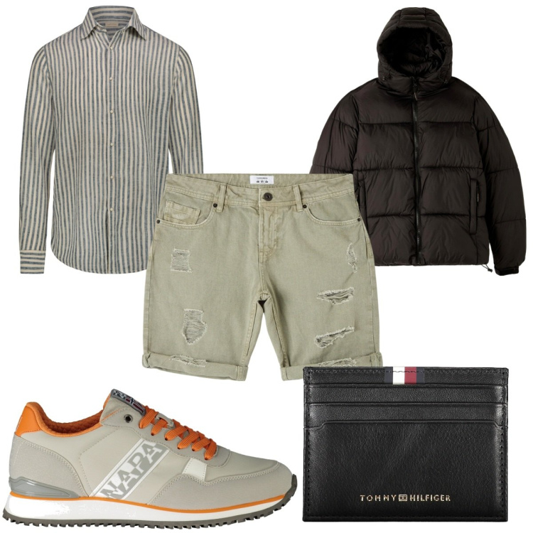 Outfit uomo - Total look #1882507. Stile Trendy per Tutti i giorni. Abbinamento con bermuda, piumini, portafogli, sneakers, camicie.