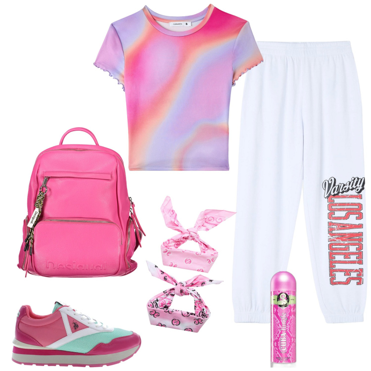 Outfit donna - Sporty chic. Stile Sporty chic per Tutti i giorni. Abbinamento con profumi, t-shirt, fasce per capelli, pantaloni sportivi, zaini, scarpe sportive.