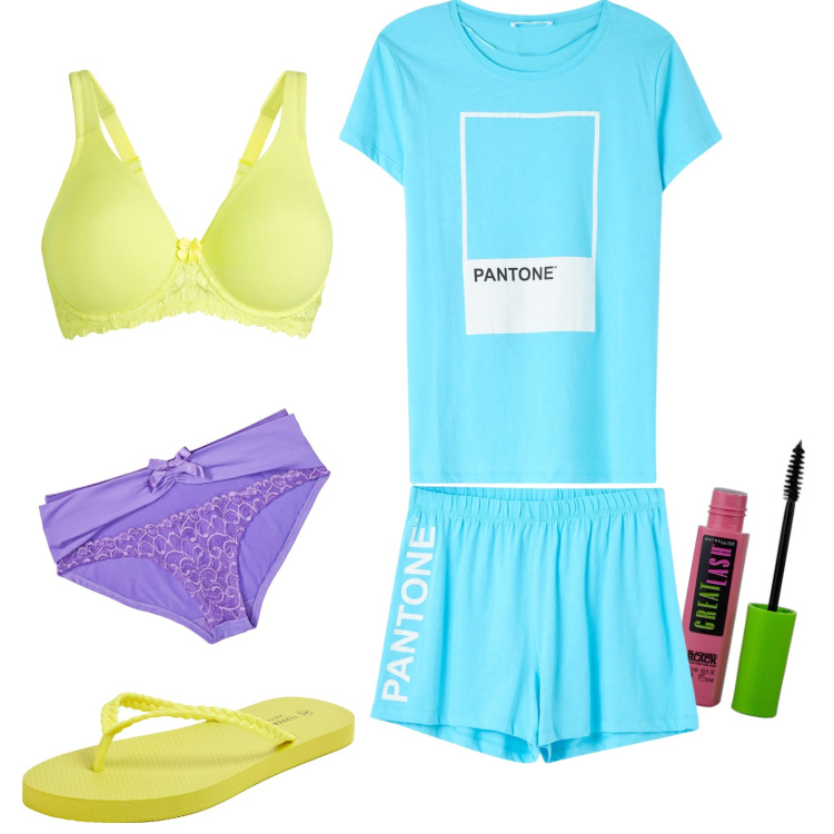 Outfit donna - Relax fluo. Stile Basic per Tutti i giorni. Abbinamento con reggiseni, culotte, mascara, pigiama, infradito.