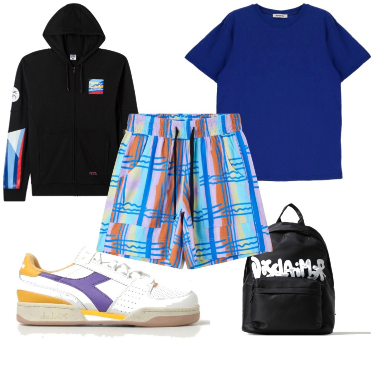 Outfit uomo - Total look #1882531. Stile Trendy per Tutti i giorni. Abbinamento con bermuda, felpe con cappuccio, t-shirt, sneakers, borse sportive.