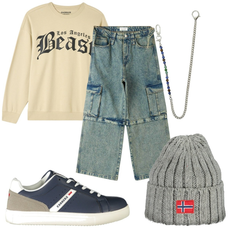 Outfit uomo - Total look #1882533. Stile Urban per Tutti i giorni. Abbinamento con felpe, jeans, collane, berretti, sneakers.