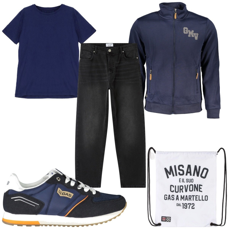 Outfit uomo - Total look #1882537. Stile Casual per Tutti i giorni. Abbinamento con borse sportive, jeans, t-shirt, scarpe sportive, felpe.