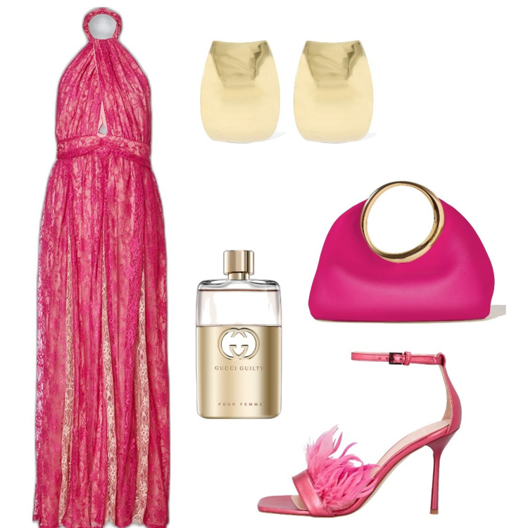 Outfit donna - Gala sotto le stelle. Stile Chic per Cerimonia. Abbinamento con profumi, vestiti lunghi, borse a mano, orecchini, sandali col tacco.