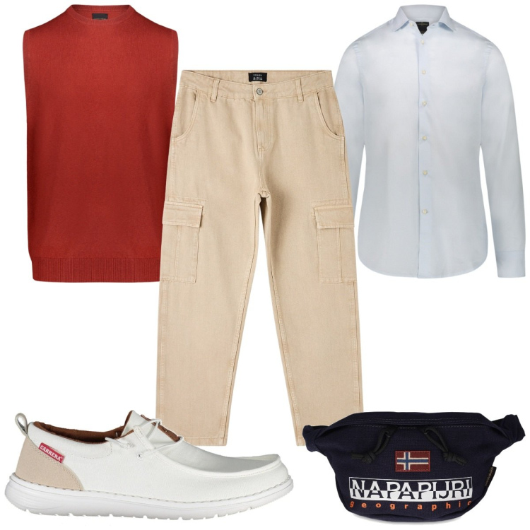Outfit uomo - Total look #1882542. Stile Casual per Tutti i giorni. Abbinamento con pantaloni cargo, gilet, camicie, scarpe stringate, borse sportive.