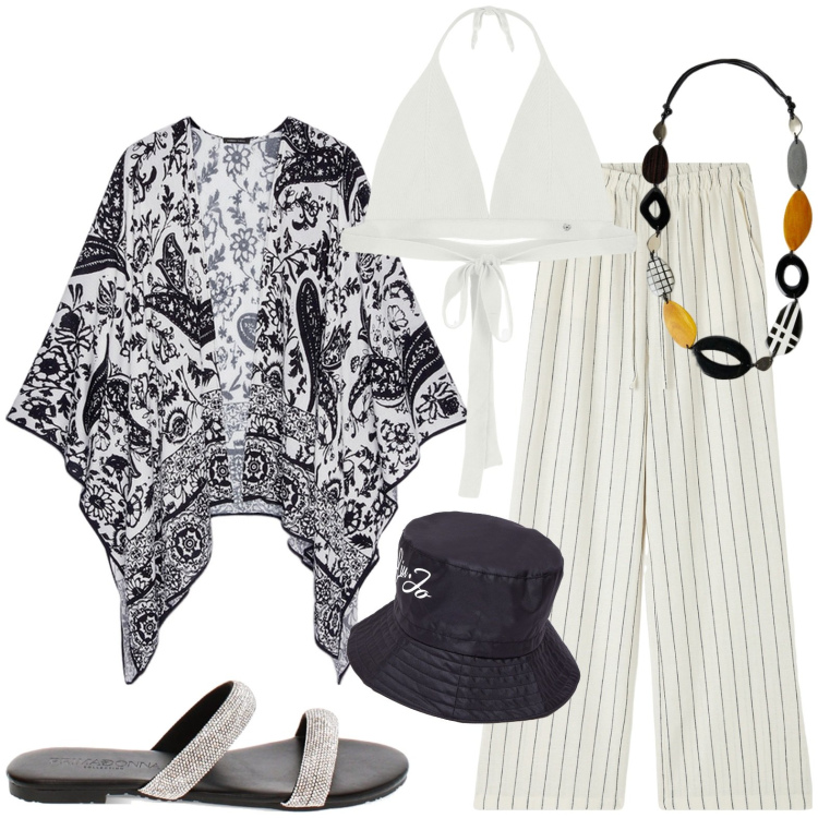 Outfit donna - Modaiola. Stile Bon Ton per Tutti i giorni. Abbinamento con pantaloni, top, sandali, kimono, cappelli, collane.