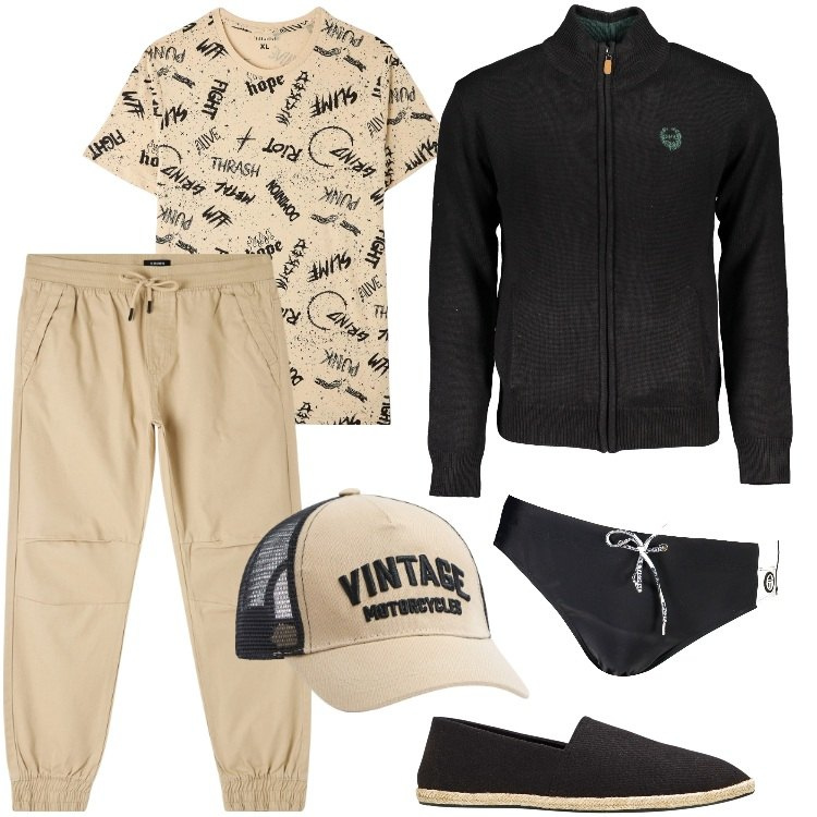 Outfit uomo - Total look #1882-Maggio. Stile Casual per Mare. Abbinamento con espadrillas, pantaloni, t-shirt, cappelli, cardigans, costumi.