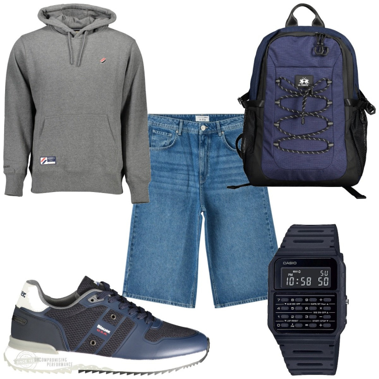 Outfit uomo - Total look #1882552. Stile Trendy per Tutti i giorni. Abbinamento con orologi, pantaloni corti, felpe con cappuccio, borse sportive, sneakers.