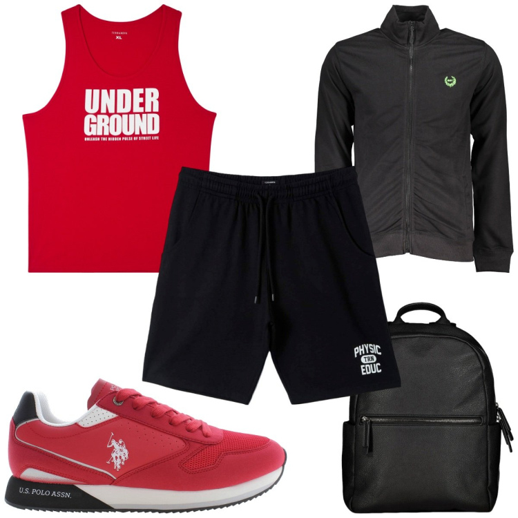 Outfit uomo - Total look #1882553. Stile Trendy per Sport. Abbinamento con pantaloni corti, canottiere, borse sportive, felpe, scarpe sportive.