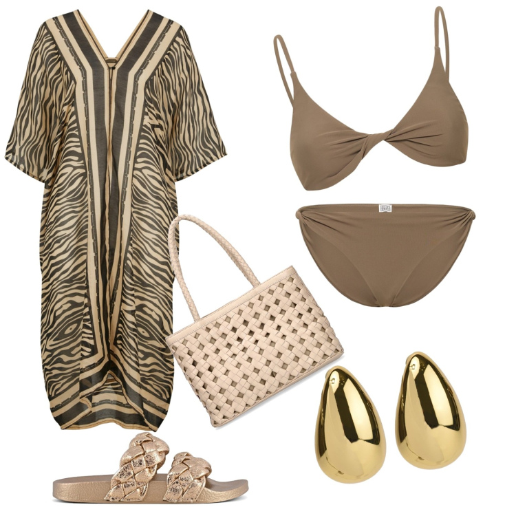 Outfit donna - Total look #1882559. Abbinamento con vestiti da spiaggia, orecchini, ciabatte, bikini, bikini, borse a spalla.