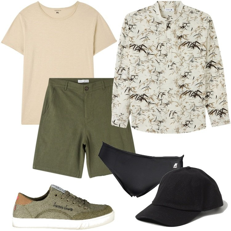 Outfit uomo - Total look #1882562-maggio. Stile Casual per Mare. Abbinamento con camicie, t-shirt, shorts, sneakers, costumi, cappelli.