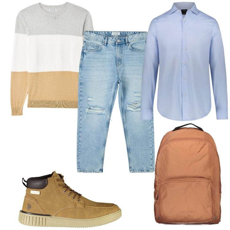 Outfit uomo - Total look #1882564. Stile Trendy per Tutti i giorni. Abbinamento con jeans strappati, maglieria, borse sportive, camicie, stivali.