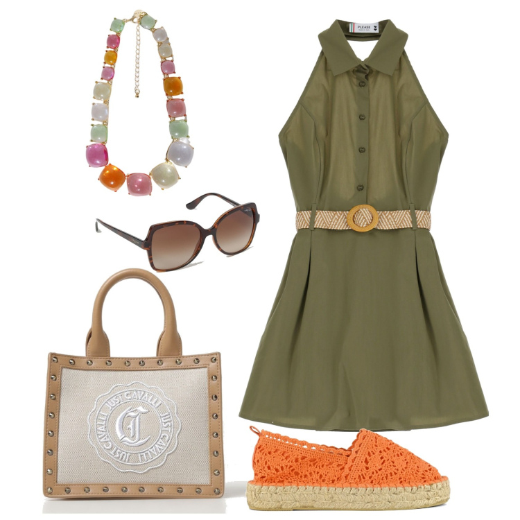 Outfit donna - Verdearancio. Stile Casual per Mare. Abbinamento con vestiti corti, collane, espadrillas, occhiali da sole, borse a mano.