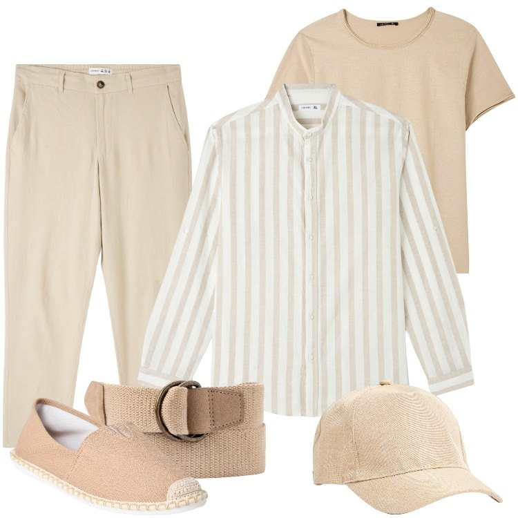 Outfit uomo - Total look #1882589. Stile Casual per Mare. Abbinamento con pantaloni, camicie, espadrillas, t-shirt, cappelli, cinture.