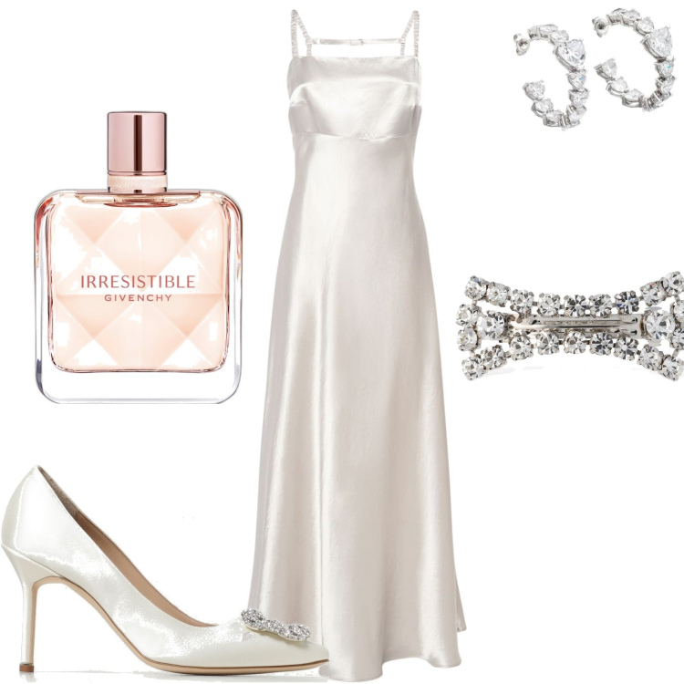 Outfit donna - il mio giorno speciale. Stile Chic per Cerimonia. Abbinamento con orecchini, profumi, vestiti midi/longuette, accessori per capelli, décolleté.