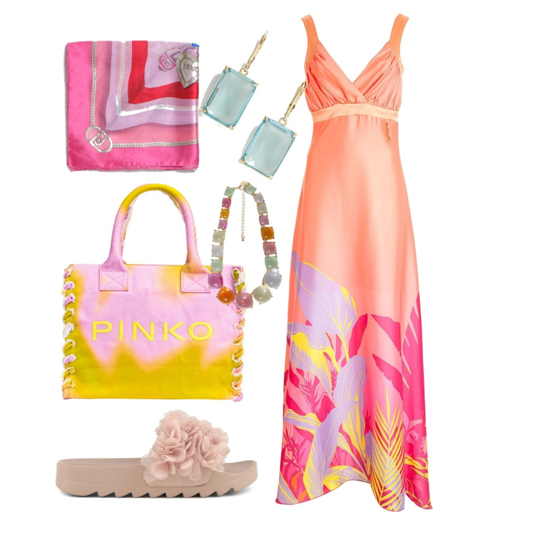 Outfit donna - Flowers. Stile Romantica per Tutti i giorni. Abbinamento con shopping bag, vestiti lunghi, collane, orecchini, ciabatte, foulard.