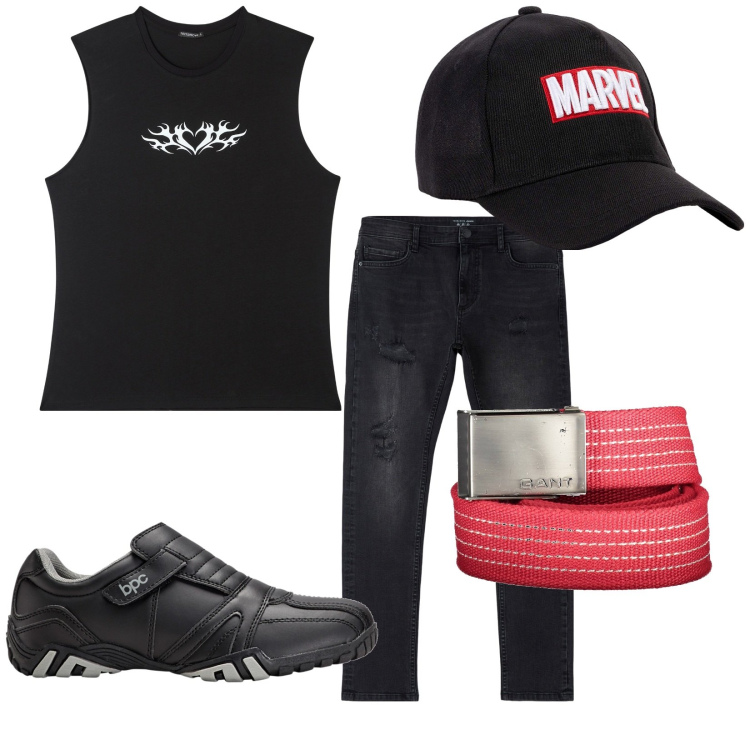 Outfit uomo - Total look #1882628. Stile Urban per Tutti i giorni. Abbinamento con scarpe stringate, jeans strappati, canottiere, cappelli, cinture.