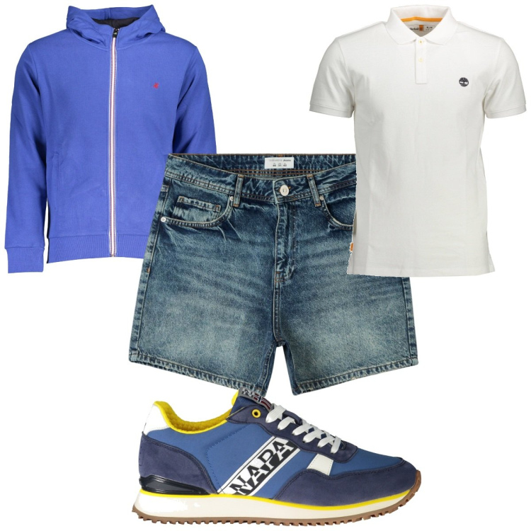 Outfit uomo - Total look #1882630. Stile Trendy per Tutti i giorni. Abbinamento con shorts, felpe con cappuccio, polo, sneakers.