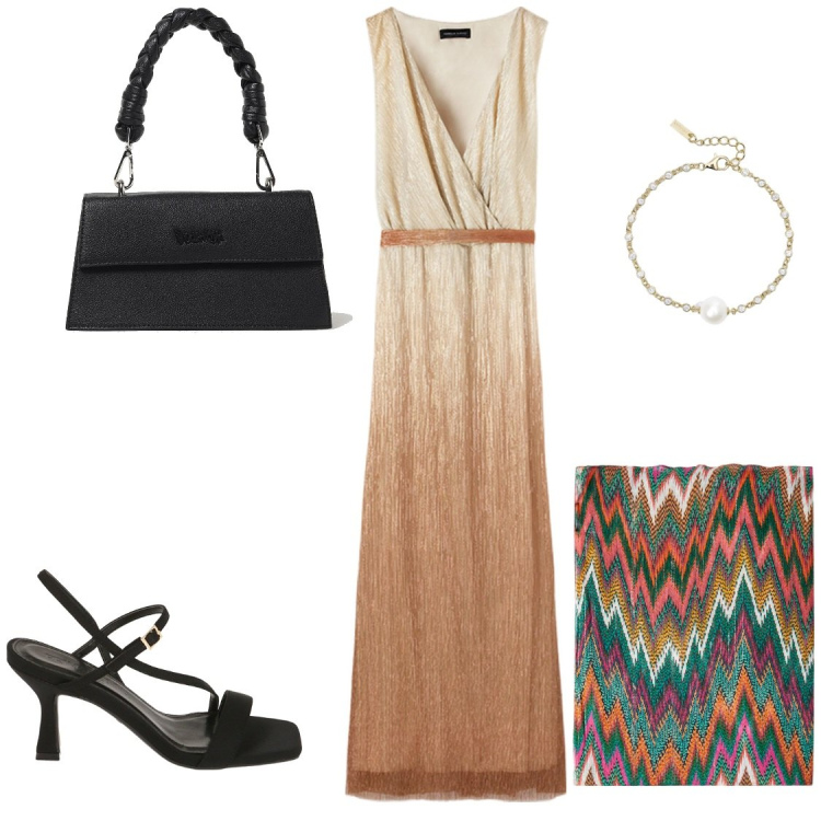 Outfit donna - Abito lungo sfumato. Stile Basic per Mare. Abbinamento con braccialetti, sandali col tacco, vestiti lunghi, vestiti da spiaggia, borse a spalla.