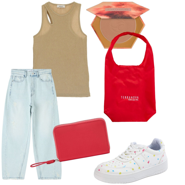 Outfit donna - Al supermercato. Stile Casual per Tutti i giorni. Abbinamento con terre, portafogli, sneakers, jeans strappati, shopping bag, top.