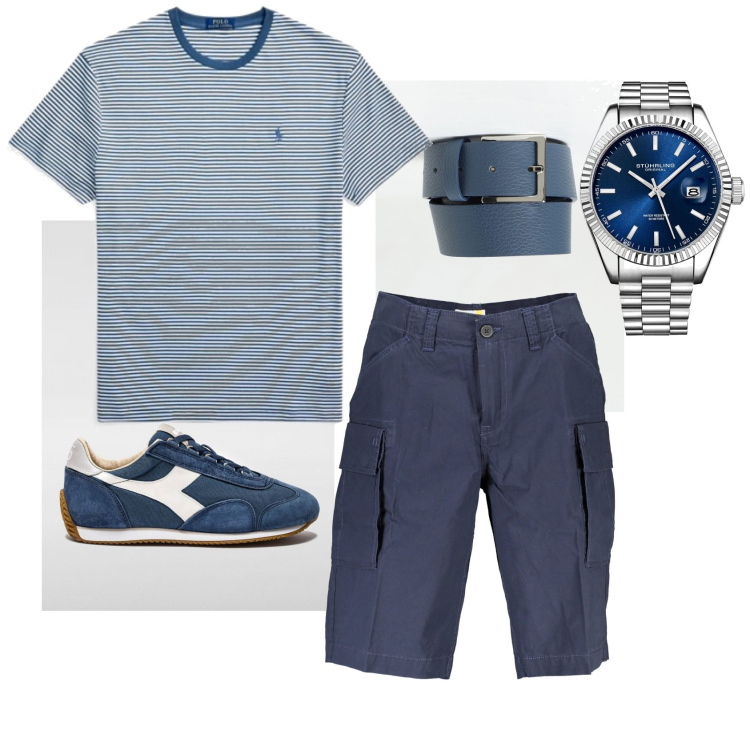 Outfit uomo - Mercoledì sera. Stile Casual per Tutti i giorni. Abbinamento con t-shirt, orologi, sneakers, cinture, bermuda.