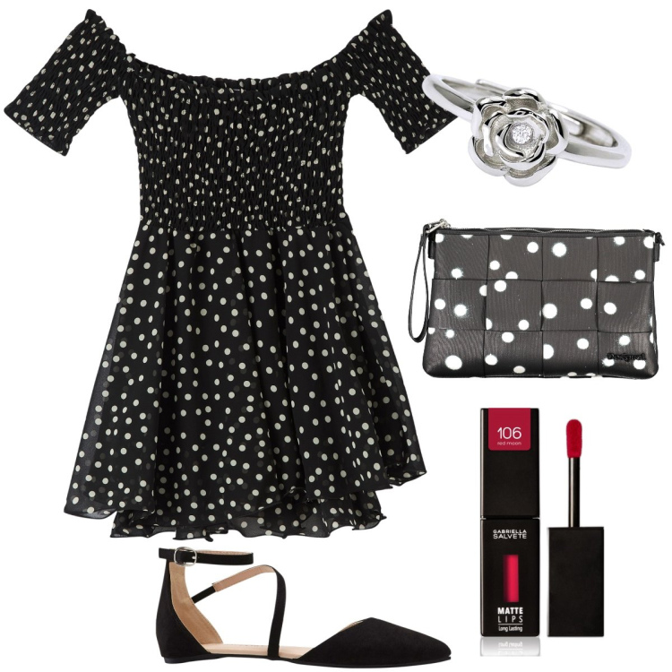 Outfit donna - Abbinamenti di pois. Stile Romantica per Serata fuori. Abbinamento con ballerine, rossetti, vestiti corti, anelli, borse a spalla.