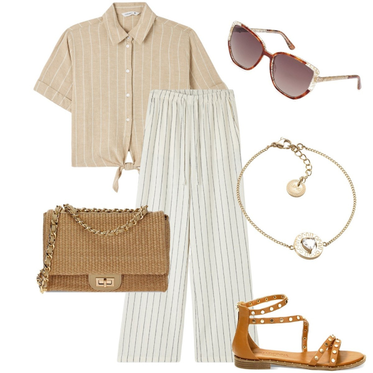 Outfit donna - Righe su righe. Stile Casual chic per Tutti i giorni. Abbinamento con pantaloni, camicie a manica corta, borse a tracolla, sandali, braccialetti, occhiali da sole.